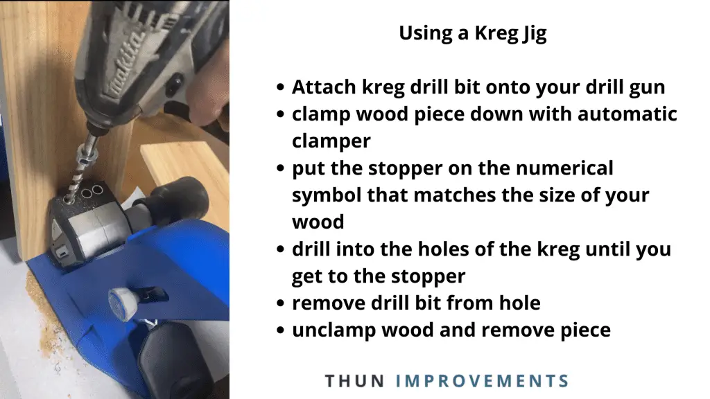how to use a kreg jig. you will place each piece of outdoor pressure treated wood inside the kreg jig and attach your drill bit piece into the drill gun or impact driver and screw it into the holes of the kreg jig. This will create holes in your wood called pocket holes that you will then assemble and drill your wood screws into to join the pieces together.