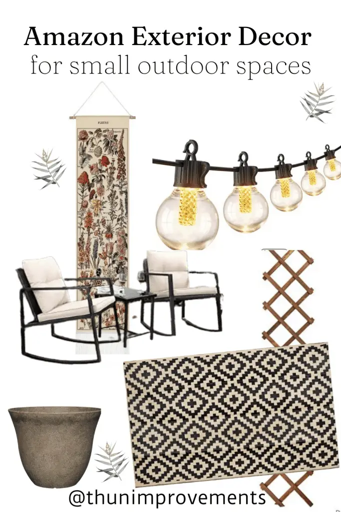 amazon exterior decor for small outdoor spaces - vintage meets modern. Large vintage wall art, hanging lights, vertical lattice, chevron rug, rocking rattan metal chairs and a potted planter