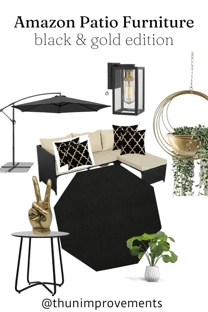 amazon patio furniture, black and gold edition. Black patio umbrella, black outdoor light fixture with gold and clear light bulb, gold ring planter that hangs from ceiling for patio, black and gold pillows, 3 piece rattan sitting patio deck, black octagon rug with texture, planter with green faux plant, gold finger hand for table decor on top of a small round black table.